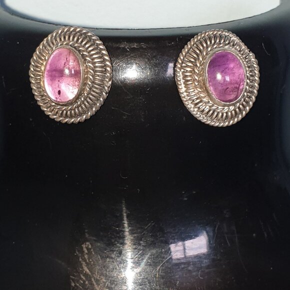 Vintage Natural Amethyst Cabochon 925 Silver Stud Earrings – Handcrafted - Picture 10 of 14